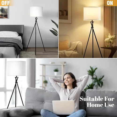 Vista 6 de Lámpara de pie para sala de estar, 61 pulgadas, moderna lámpara de pie trípode con pantalla blanca e interruptor giratorio, lámpara de pie negra