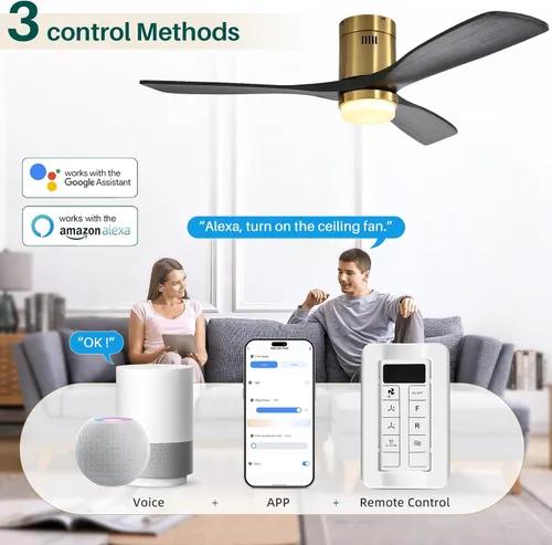 Vista 2 de CACI Mall Ventiladores de techo inteligentes de madera de 52 pulgadas con luces y control remoto, 3 cuchillas, perfil bajo, moderno, compatible