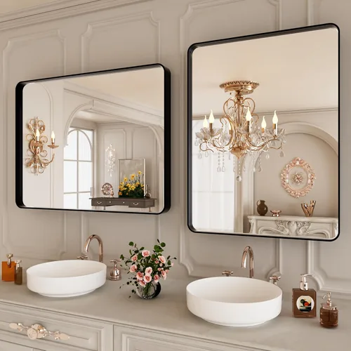 Vista 3 de Espejo de Baño Negro de 22 x 30 Pulgadas, Espejo de Pared Rectangular para Baño, Espejo con Esquinas Redondeadas y Marco de Metal Negro Mate
