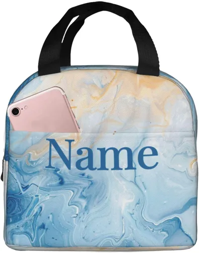 Vista 23 de Lonchera con diseño a cuadros azules aislada, bolsa térmica para almuerzo para adultos, niños, niñas, mujeres, oficina, trabajo, escuela, picnic