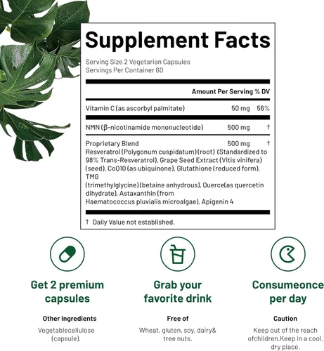 Vista 2 de NMN 1000 mg por porción, último apoyo 10 en 1 NAD+ con trans-resveratrol, apigenina, CoQ10, vitamina C, 120 cápsulas vegetarianas