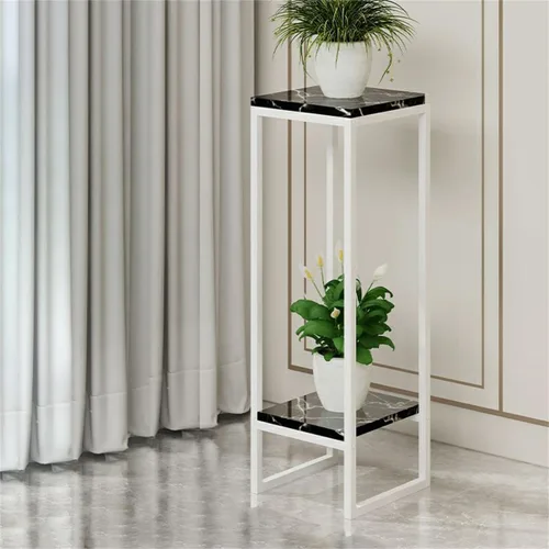 Vista 9 de Mesa cuadrada simple de madera de varios niveles con estante de almacenamiento, soporte para maceta de hierro forjado para sala de estar en Negro