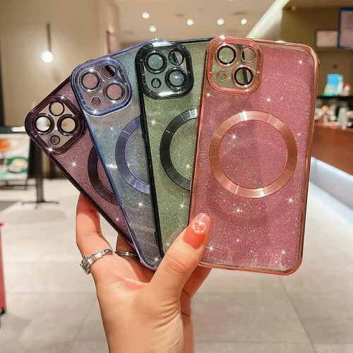 Vista 6 de Compatible con iPhone 13 Funda magnética con purpurina, bonita funda transparente chapada de lujo, compatible con MagSafe para mujeres y niñas