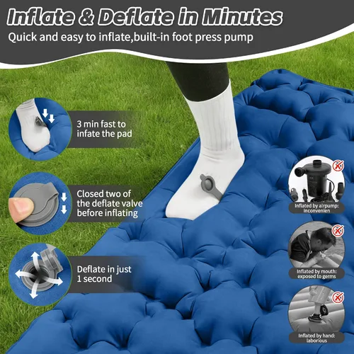 Vista 6 de HiiPeak Colchoneta doble para acampar – Colchón de gamuza superior de camping con almohada, bomba de pie integrada, alfombrilla portátil inflable