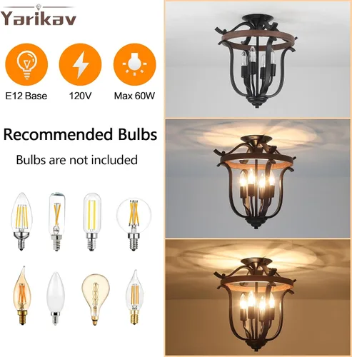 Vista 5 de Candelabro de 4 luces estilo granja, lámpara de techo de montaje empotrado vintage rústica mini, lámpara de araña de metal negro y madera artificial
