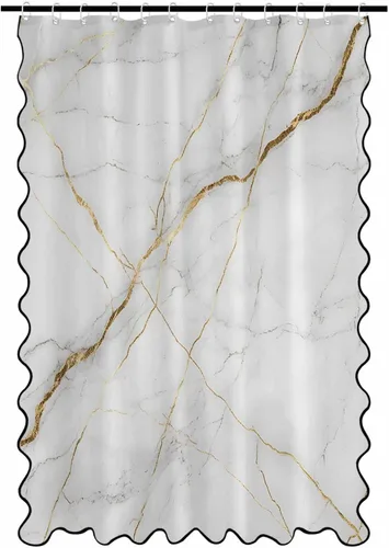 Vista 8 de Scalloped Shower Curtain for Bathroom 36"x72" Modern Minimalism Black Marble White Texture Waterproof Wave Bathroom Shower Curtain Sets with Hooks