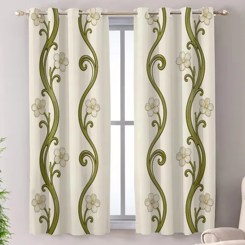 Vista 15 de Shrahala Art Nouveau Floral Pattern Blackout Curtain Tiers, Delicate Vine and Flower Design Kitchen Valance Light Blocking Tier Drapes with Rod