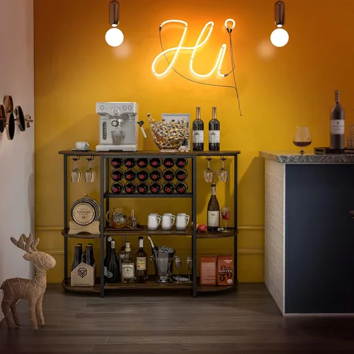 Vista 4 de LOKO Mesa de estante para vinos, gabinete industrial de bar de vino de 47 pulgadas con estante para vino y soportes para vidrio, gabinete