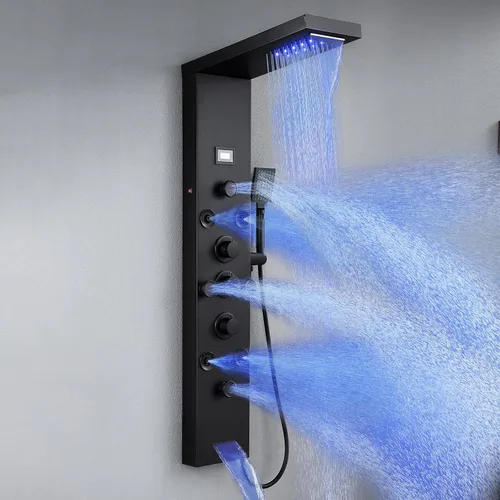 Vista 11 de POPFLY Sistema de Panel de Torre de Ducha con Altura de Brazo de Ducha Ajustable, Sistema de Cabezal de Lluvia, Panel de Ducha de Acero Inoxidable