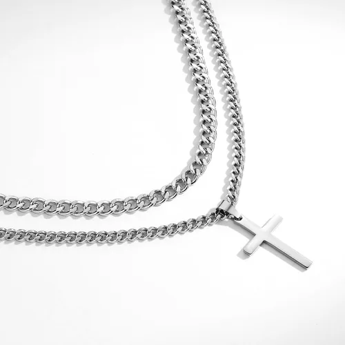 Vista 2 de SENRAN Collar de cruz en capas para hombres y niños, cadena de eslabones cubanos en capas de acero inoxidable de 16 a 24 pulgadas, colgante de cruz