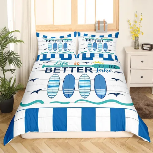 Vista 3 de Erosebridal Funda de edredón náutica para niños y niñas, juego de ropa de cama azul y blanco oceánico, funda de edredón de tabla de surf Hawaii