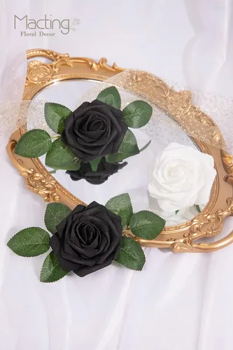 Vista 7 de MACTING 30 PCS Flores Artificiales Rosas Negras y Blancas Flores Falsas con Tallo Rosas de Espuma de Tacto Real para Boda Bola de Besos Ramillete