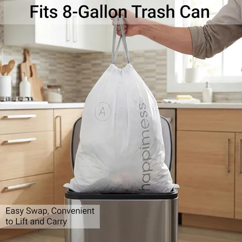 Vista 3 de happimess Bolsas de basura con cordón de 8 galones (30 litros), sin perfume, transparentes, resistentes para cocina y hogar, ajuste personalizado