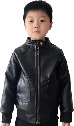 Vista 6 de Chaqueta de moto de piel sintética para niños, cuello alto Negro
