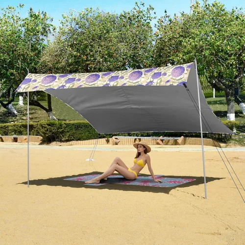 Vista 6 de Purple Celosia Flowers Stable Beach Tent UPF50+ Protection Waterproof Large Sun Shade with Sandbags & Sand Shovel for Family Travel