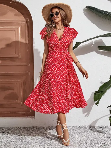 Vista 4 de WDIRARA Vestido midi cruzado de cintura alta con cuello en V y estampado floral para mujer