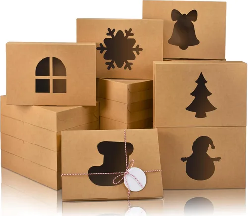 Vista 15 de COTOPHER 18 cajas de galletas de Navidad con ventana, 10 x 10 x 2.5 pulgadas, cajas de panadería marrones para regalo, cajas de postre de papel