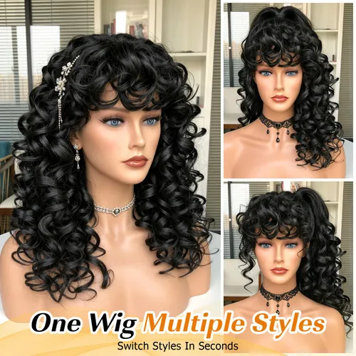 Vista 4 de Pelucas afro rizadas para mujeres negras, peluca larga y rizada con flequillo, fibra sintética esponjosa, sin pegamento, para cosplay y uso diario