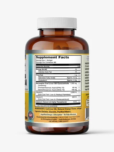 Vista 2 de Amazing Omega - Suplemento de cápsulas blandas de aceite de hígado de bacalao noruego de 1000 mg Omega-3, EPA, DHA, vitamina A, D y vitamina E