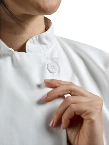 Vista 3 de Mercer Culinary Millennia - Chaqueta de manga corta para mujer con botones tradicionales, Blanco
