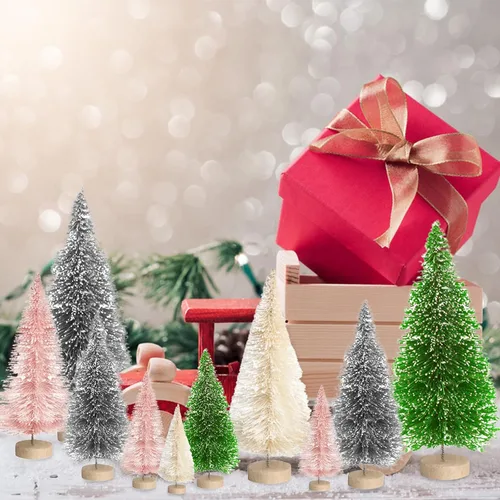 Vista 7 de 8 mini árboles de Navidad, árboles artificiales con base de madera, árboles de Navidad en miniatura de mesa con 4 coronas pequeñas de Navidad