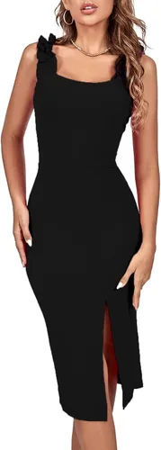 Vista 4 de Rooscier Vestido midi de cóctel sin mangas con tirantes y volantes para mujer