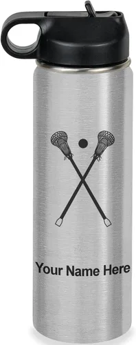 Vista 47 de LaserGram Botella de agua personalizada, palitos de lacrosse, acero inoxidable de doble pared aislada al vacío con popote superior, regalo grabado
