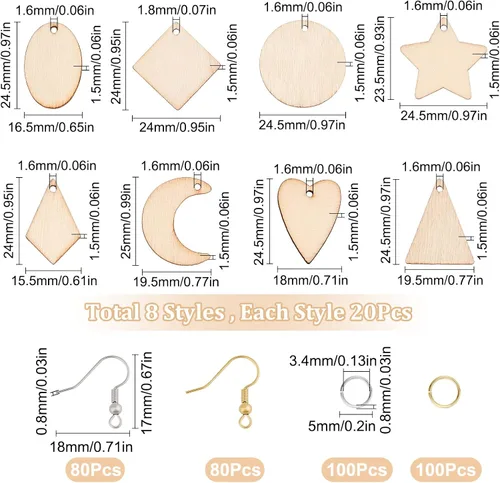 Vista 2 de SUNNYCLUE 520 piezas de 80 pares de aretes de madera sin terminar, kit de aretes de madera en blanco, dijes grandes de madera, 160 ganchos