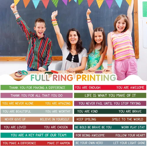 Vista 3 de JUNEBRUSHS 64 piezas de pulseras de silicona motivacionales a granel, pulseras de goma coloridas e inspiradoras, unisex para estudiantes, maestros