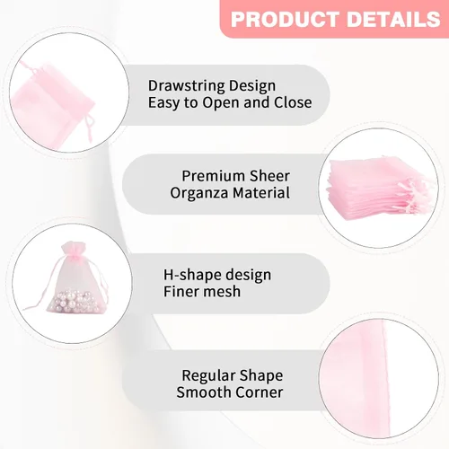 Vista 6 de Bolsas de organza, bolsas de organza rosa, 100 unidades, bolsas de organza transparente de 3 x 4 pulgadas, bolsas de regalo de joyería, bolsas