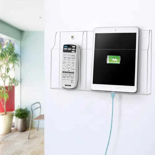 Vista 2 de VANCORE Soporte de teléfono transparente montado en la pared, soporte acrílico para control remoto, organizador de medios con agujeros para cargar