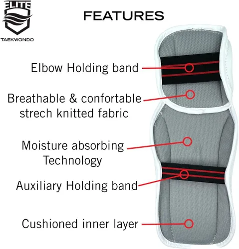 Vista 4 de ELITE - Protector de antebrazo y codo de Taekwondo. Tallas para niños y adultos (protector TKD) cómodo, ligero y protector