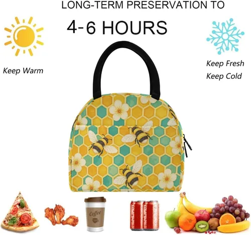 Vista 5 de Bolsa de almuerzo reutilizable con diseño de panal de abeja vintage, con bolsillo frontal, cierre de cremallera, bolsa térmica térmica