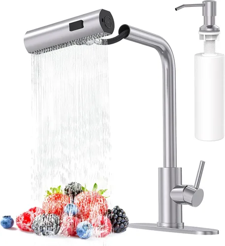 Vista 14 de AVSIILE Grifos de cocina en cascada de color negro mate con rociador desplegable y dispensador de jabón, un solo orificio y mango, grifo extraíble