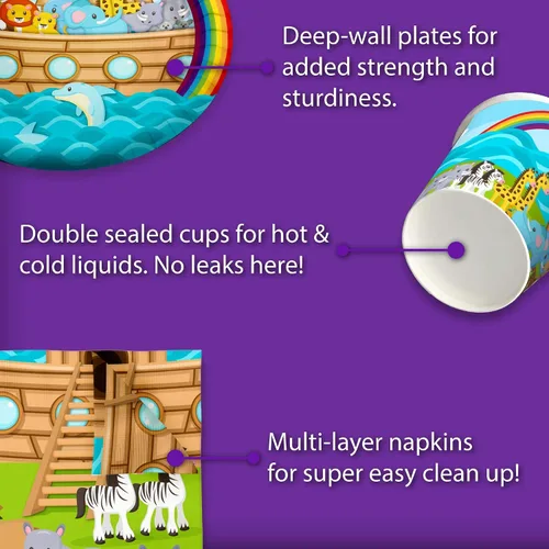 Vista 5 de Noah's Ark - Juego de suministros para fiesta de cumpleaños, platos, servilletas, vasos, vajilla para 16