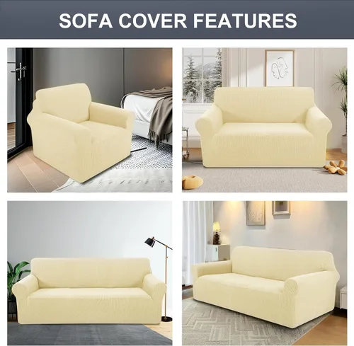 Vista 7 de Funda elástica para sofá, lavable, protector de muebles con espuma antideslizante y parte inferior elástica para niños, perros (sofá biplaza/beige)