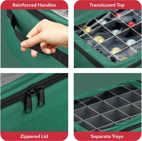 Vista 3 de Caja de almacenamiento para adornos - Organizador con cremallera con 48 compartimentos individuales y divisores para bombillas y decoraciones Verde