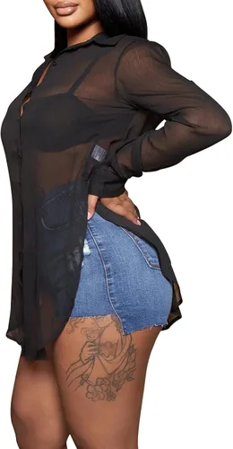 Vista 2 de Blusa transparente con botones para mujer, sexy, de manga larga, de malla, para mujer