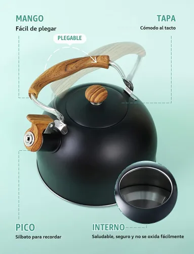 Vista 4 de Hervidor de Té, BELANKO 85 OZ / 2.5 Litros Hervidor de Té Silbante, Teteras para Estufa de Acero Inoxidable Grado Alimentario con Mango Plegable
