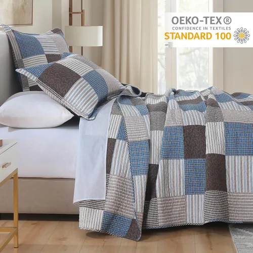 Vista 3 de Finlonte Edredones Tamaño Queen - Juego de Edredón Queen de Algodón 100% a Cuadros, Juego de Ropa de Cama de Granja Moderna, Colcha Reversible