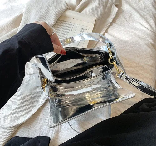 Vista 6 de Bolso de noche para mujer, bolso de mano Y2k, plateado brillante, bolso de mano, bolso de fiesta, lindo bolso metálico
