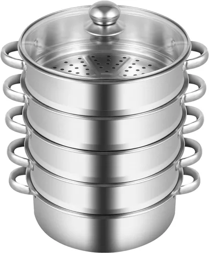 Vista 10 de Olla grande de acero inoxidable de 5 niveles, vaporizador de alimentos apilable multicapa con tapa de vidrio, para cocinar saludablemente, cocinar