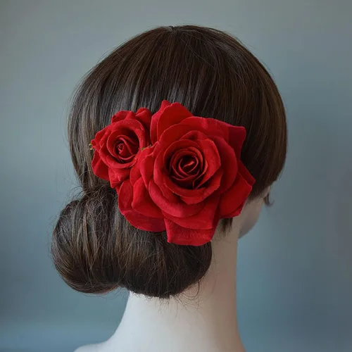 Vista 4 de Peines de pelo de flores, flor de rosa, bohemia, horquilla, disfraz de novia, decoración de pelo para fiesta, boda, rojo (1 unidad)