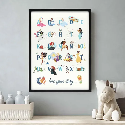 Vista 5 de Decoración de pared de madera enmarcada con alfabeto de princesas Disney - Gran imagen de princesa con Bella, Cenicienta, Ariel, Rapunzel y más