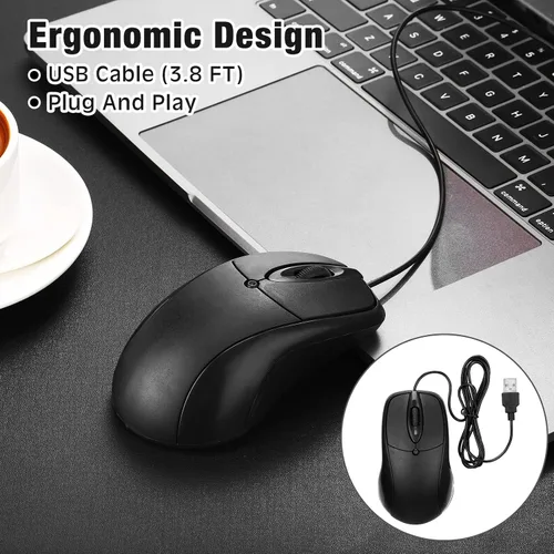 Vista 4 de 50 unidades de ratón negro con cable USB a granel 1000 DPI 3 botones con cable de computadora Mouse Mini Cable Ratón Ratón para juegos Ratón