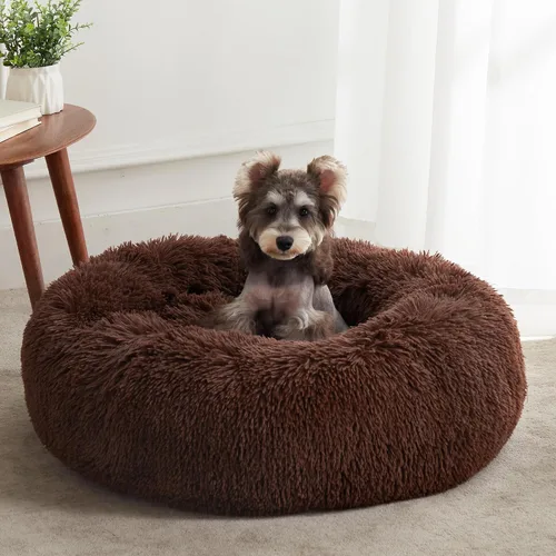 Vista 24 de Cama calmante para perros y gatos, cama antiansiedad, de felpa, con forma de dona, redonda, acolchada, de piel sintética, suave y esponjosa