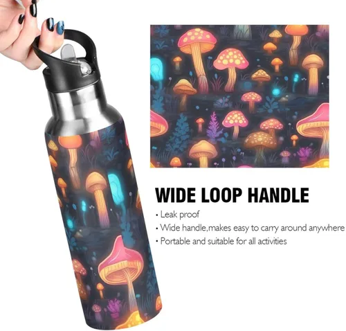 Vista 4 de Vnurnrn Botella de agua deportiva con tapa aislada y pajita, acero inoxidable de 20 onzas, sin BPA, a prueba de fugas, taza deportiva, hongos