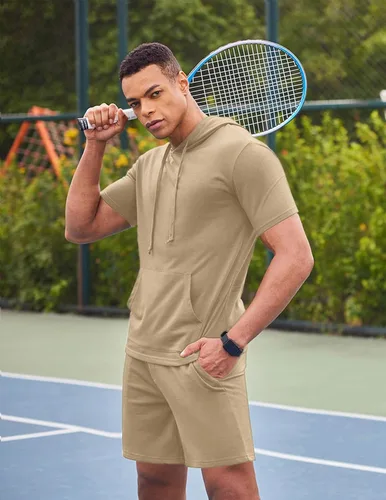 Vista 2 de COOFANDY Conjunto deportivo de 2 piezas con capucha para hombre, manga corta, casual, deportivo, con capucha y pantalones cortos