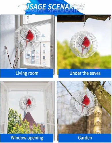 Vista 5 de Molinillos de viento para patio y jardín, cardenales rojos de Navidad, esculturas de viento de metal 3D, para colgar en invierno, nieve, acero