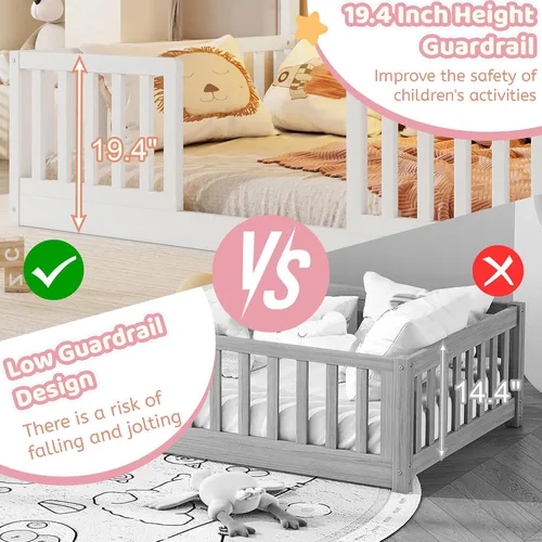 Vista 7 de Cama Montessori Full con rieles altos y luz LED, color blanco
